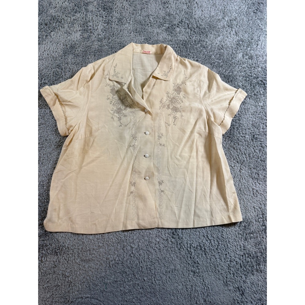 Pure Silk Womens Vintage Hand Embroidered Blouse Small Cream Short Sleeve Silk